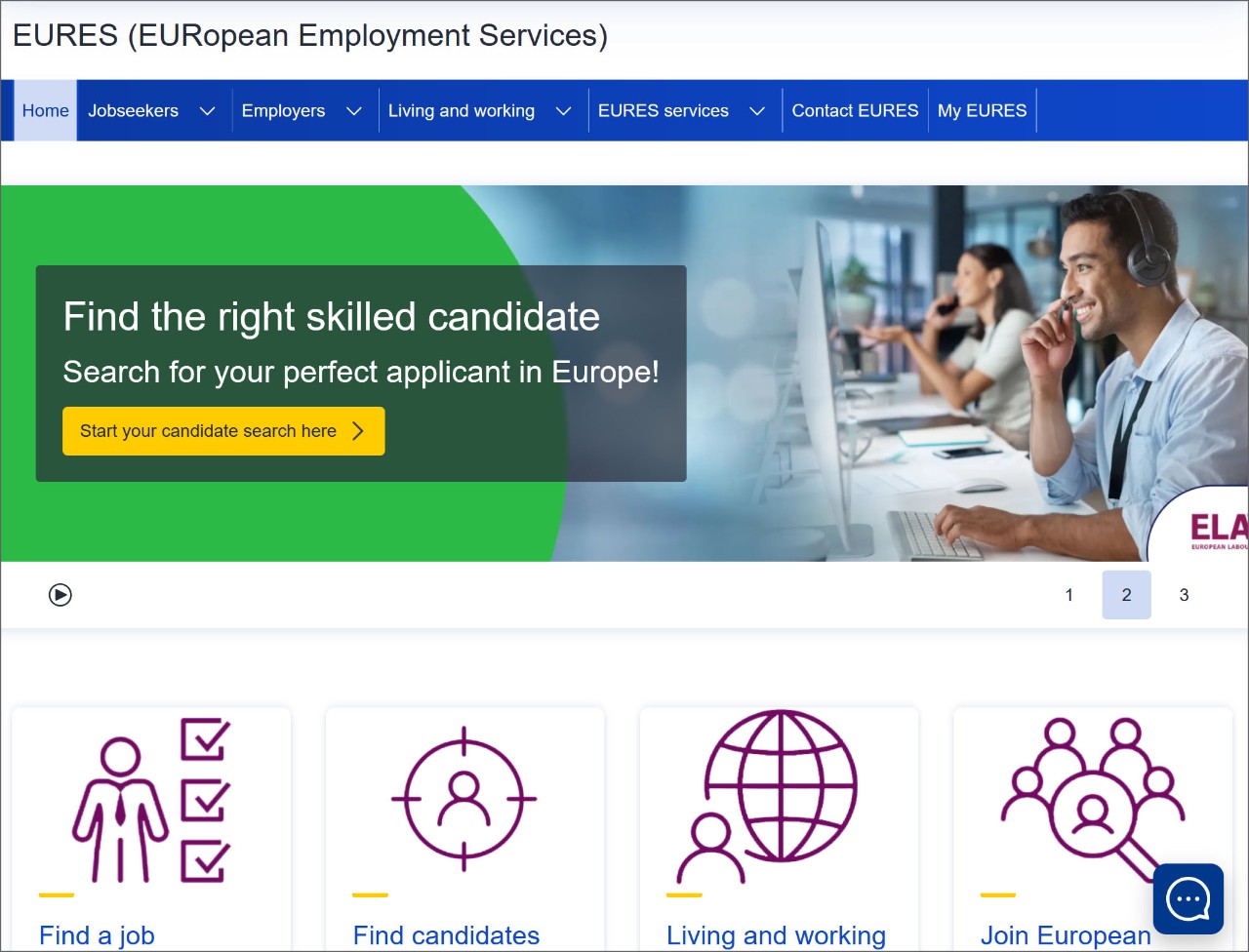 EURES website homepage with banner ‘Find the right skilled candidate’ and navigation to jobs, candidates, living and working, and joining EURES.